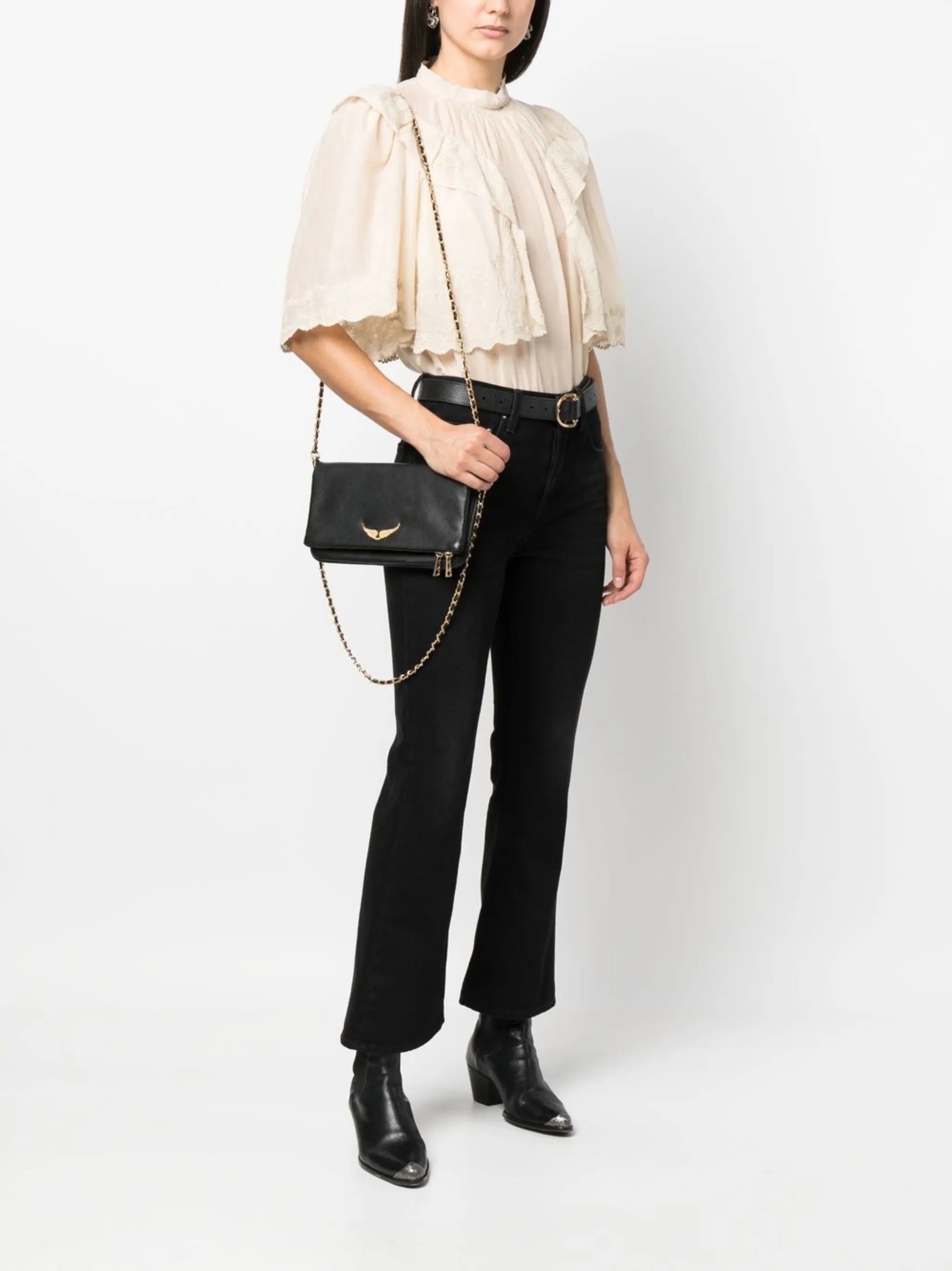 zadig et voltaire rock clutch bag in black grained leather with gold tone hardware